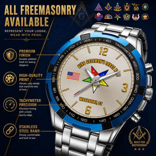 Freemasonry-themed tachymeter watch with custom engraving and high-quality design.