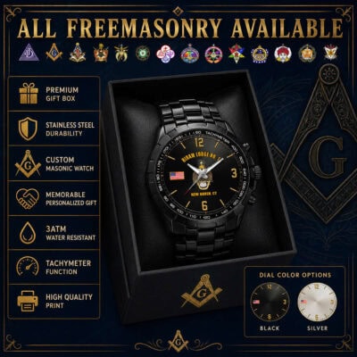 Black Freemasonry tachymeter watch with custom dial options in gift box.