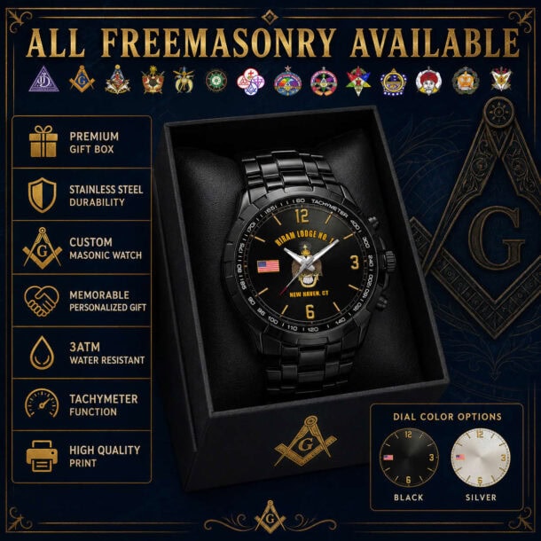 Black Freemasonry tachymeter watch with custom dial options in gift box.