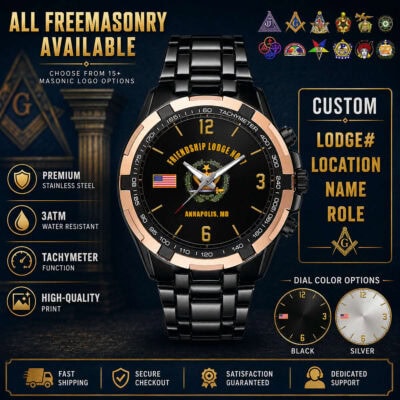 Luxury Freemasonry-themed tachymeter watch with customizable logo options.