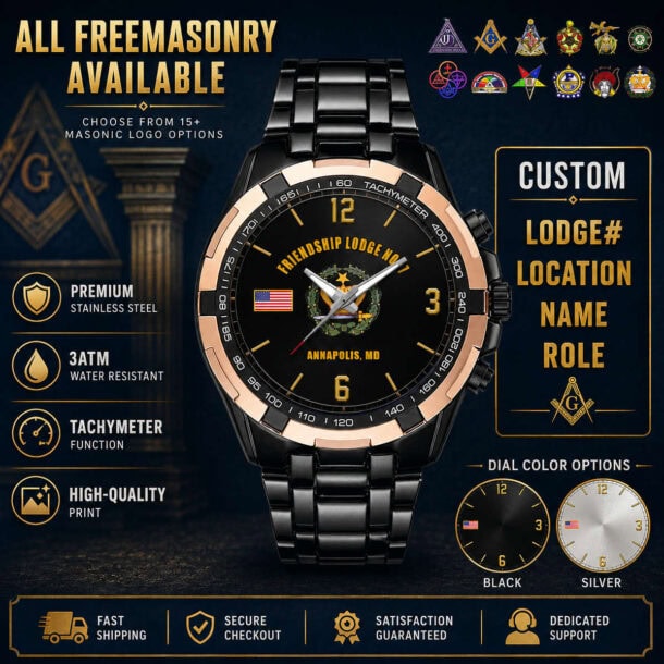 Luxury Freemasonry-themed tachymeter watch with customizable logo options.