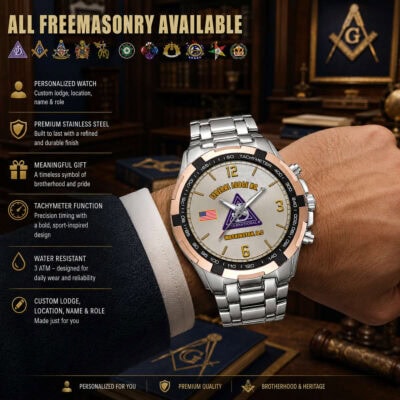Luxury Freemasonry-themed tachymeter watch with stainless steel band.