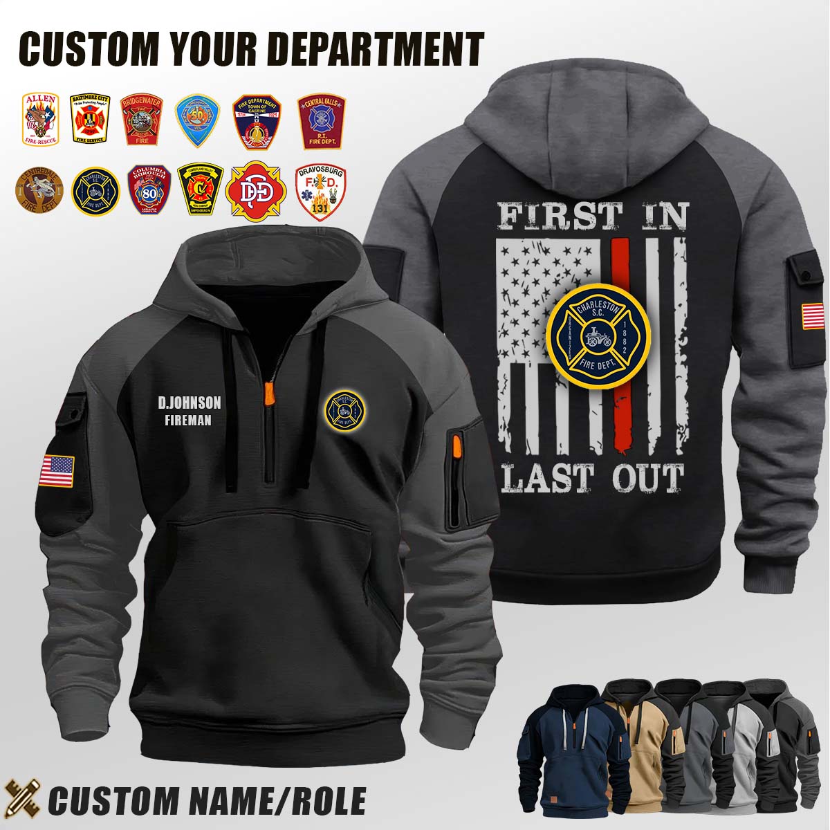 Charleston-Trident Fire Department SC_First In Last Out Halfzip Hoodie