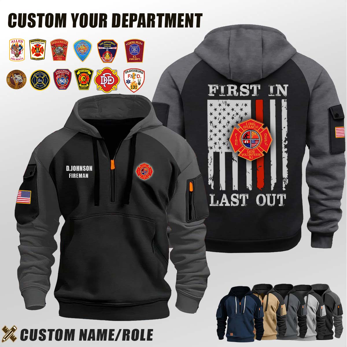 Long Branch N.J. Fire Department NJ_First In Last Out Halfzip Hoodie