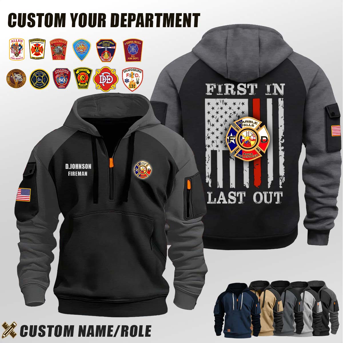 Marble Falls Volunteer Fire Department TX_First In Last Out Halfzip Hoodie