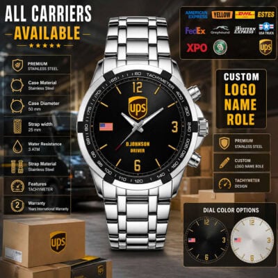 Promotional US carriers watch with custom logo and tachymeter design.