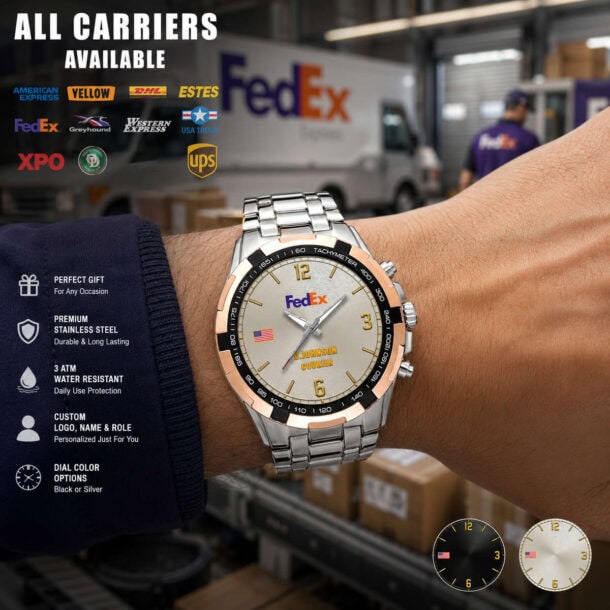 FedEx delivery watch with tachymeter and custom logo on stainless steel band.