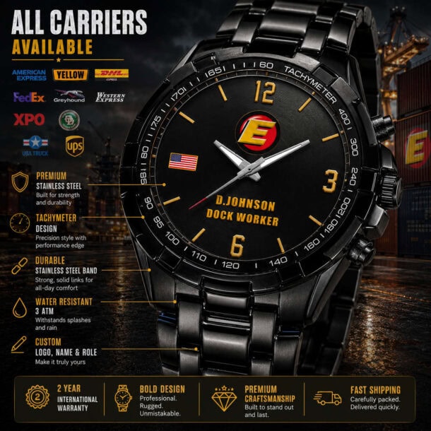 Black tachymeter watch with custom logo and durable stainless steel band.