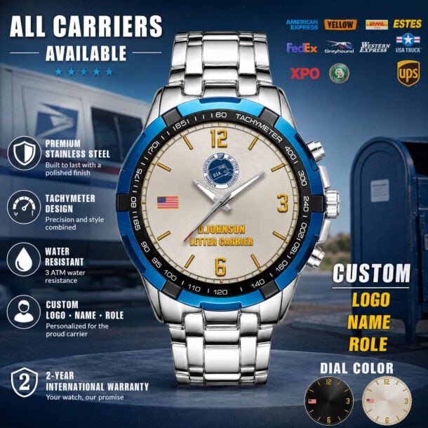 Custom US Carrier tachymeter watch with stainless steel band and water resistance.
