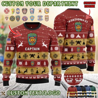 Custom US FireFighter First In Last Out Ugly Sweater 1