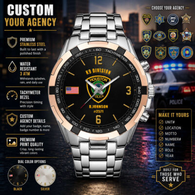 Police-themed tachymeter watch with law enforcement badges and cityscape background.