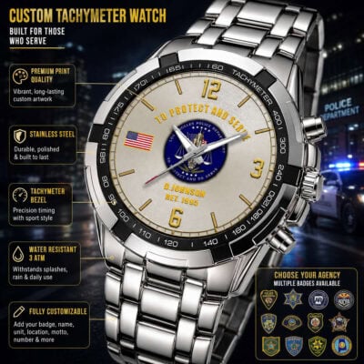 Police-themed tachymeter watch with law enforcement badges and American flag.