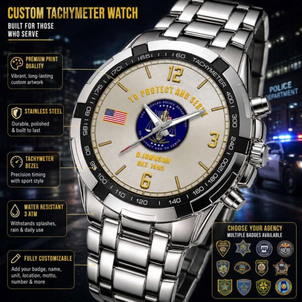 Police-themed tachymeter watch with law enforcement badges and American flag.