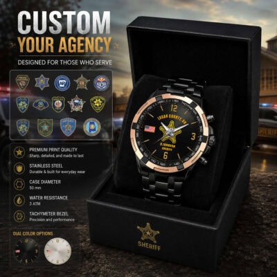 Law enforcement themed tachymeter watch in black box with sheriff badge.