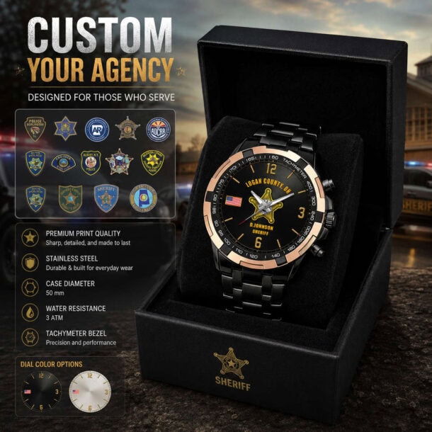 Law enforcement themed tachymeter watch in black box with sheriff badge.