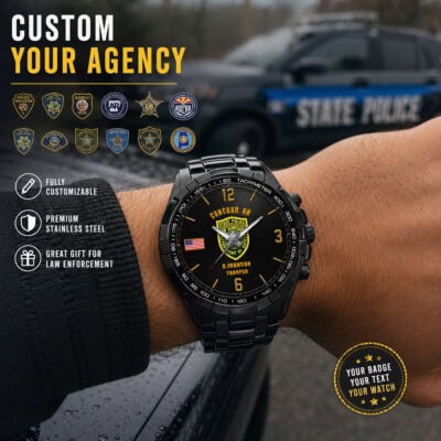 Law enforcement tachymeter watch with custom badge and stainless steel band.