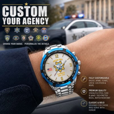 Premium law enforcement tachymeter watch with customizable badge and band.