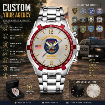 Police-themed tachymeter watch with law enforcement badges background.
