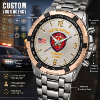 High-quality law enforcement tachymeter watch with personalized badge and name.