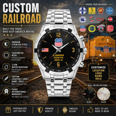 Railroad-themed watch with tachymeter, stainless steel band, and customizable options.