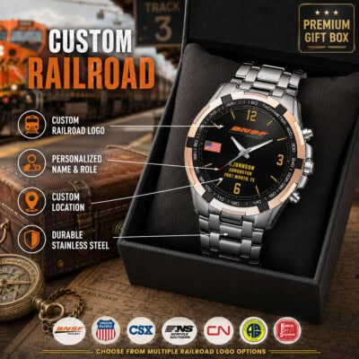 Premium custom railroad watch with personalized logo and durable stainless steel band.
