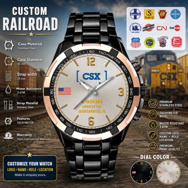 Railroad-themed custom tachymeter watch with stainless steel band and water resistance.
