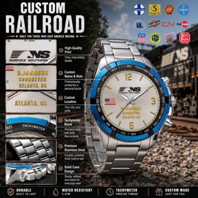Railroad-themed custom tachymeter watch with stainless steel band and blue accents.