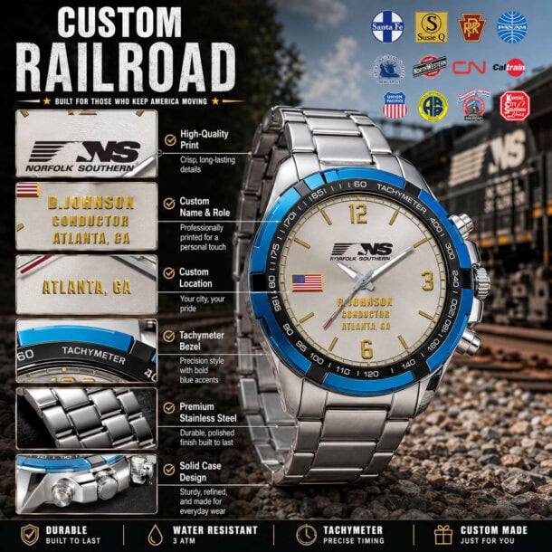 Railroad-themed custom tachymeter watch with stainless steel band and blue accents.