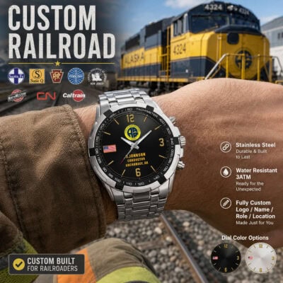 Railroad-themed custom tachymeter watch with logo and dial options.