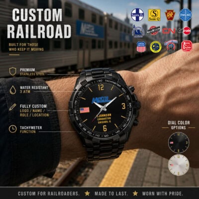 Railroad-themed custom tachymeter watch with logo and American flag details.