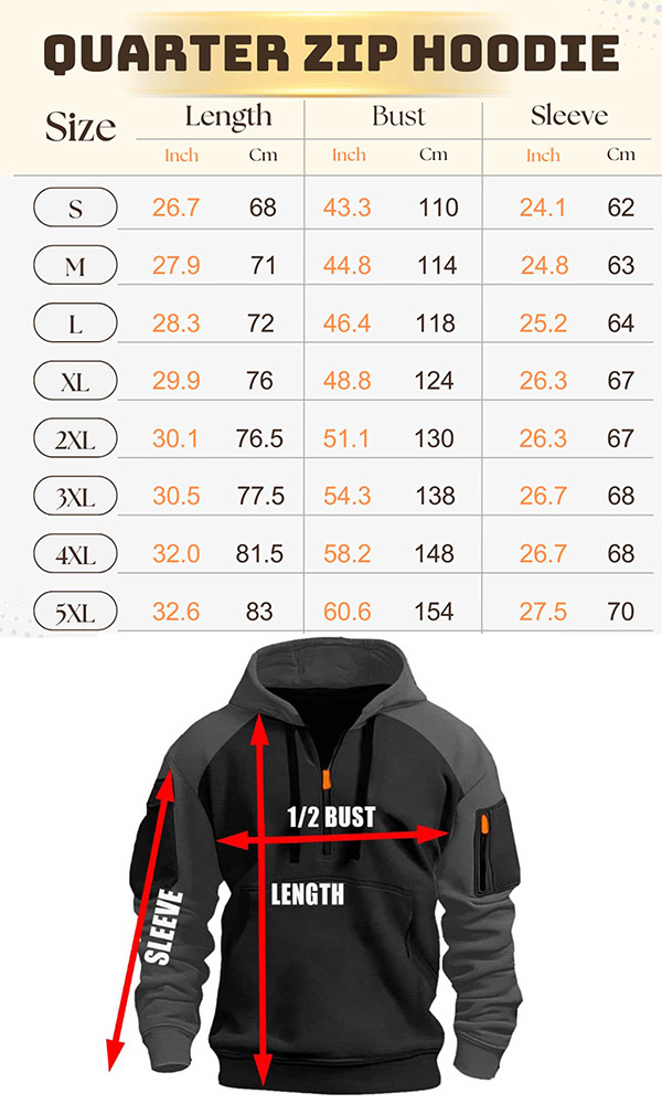 Web Quarter Zip Hoodie Size Chart