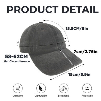 Washed denim baseball cap with adjustable strap and breathable fabric.