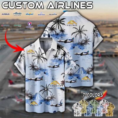 American Trans Air ATA Airlines L 1011 TriStar Palm Tree Tail Linen Buton Up Shirt