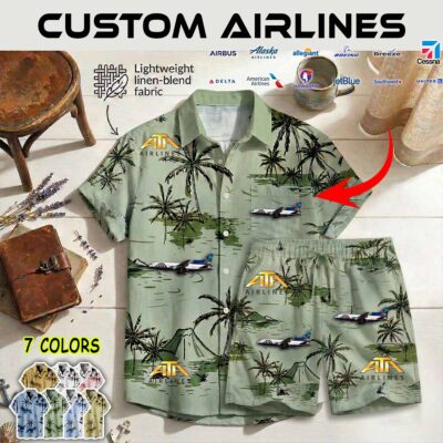 Shirt Shorts Linen 1 American Trans Air ATA Airlines L 1011 TriStar Palm Tree Tail