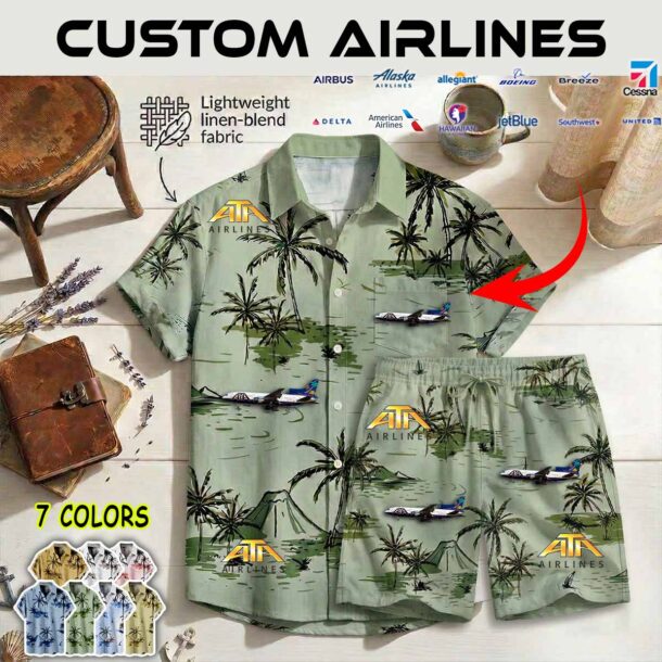 Shirt Shorts Linen 1 American Trans Air ATA Airlines L 1011 TriStar Palm Tree Tail