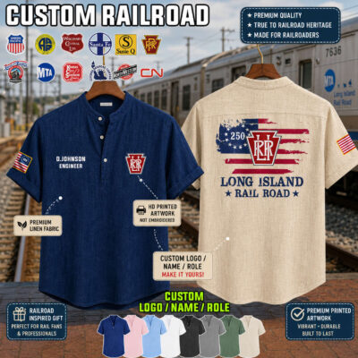 Custom US Railroad Flag linen shirt with railroad-themed design and embroidery.