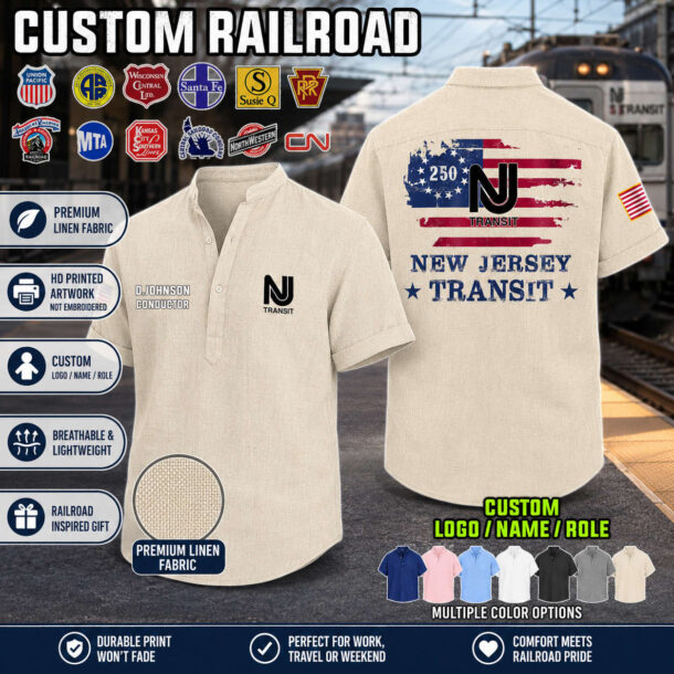 Premium linen shirt with US railroad flag design, perfect for travel or casual wear.