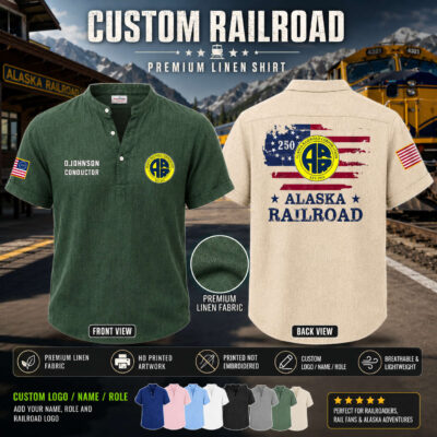 Custom railroad linen shirt with Alaska Railroad logo and American flag patch.