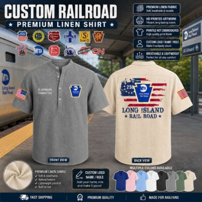 Railroad-themed linen shirt with US flag and Long Island Rail Road logo.