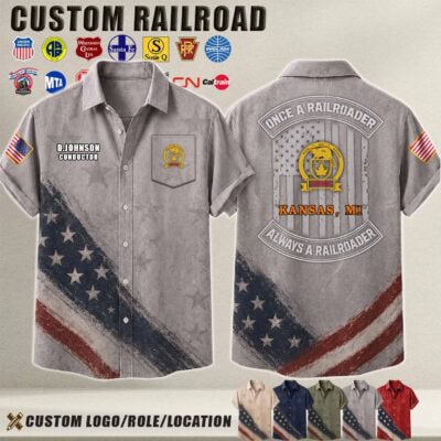 US Railroad-themed linen shirt with patriotic design and custom logo.