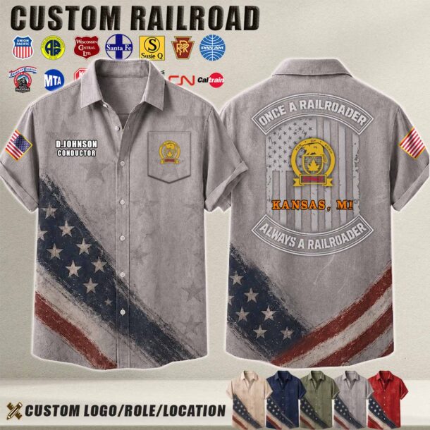 US Railroad-themed linen shirt with patriotic design and custom logo.