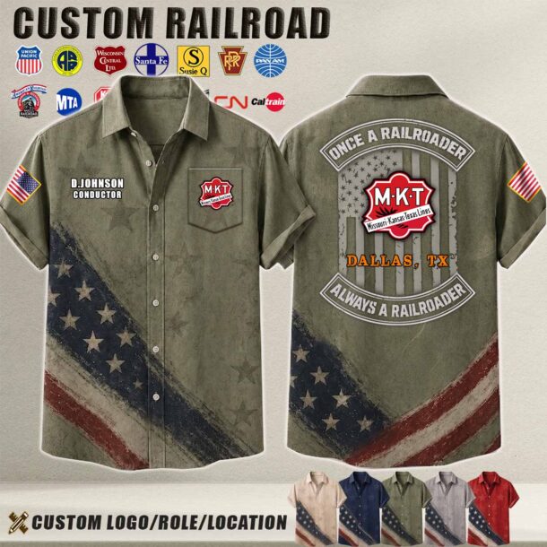 Vintage-style railroad shirt with American flag design and custom logo.