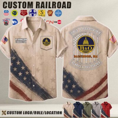 Vintage-style railroad-themed linen shirt with American flag design and custom logo.