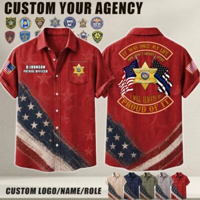 Red linen shirt with law enforcement badge and patriotic design for police officers.