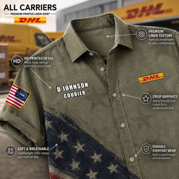 Linen button-up shirt with DHL logo and American flag patch for carriers.