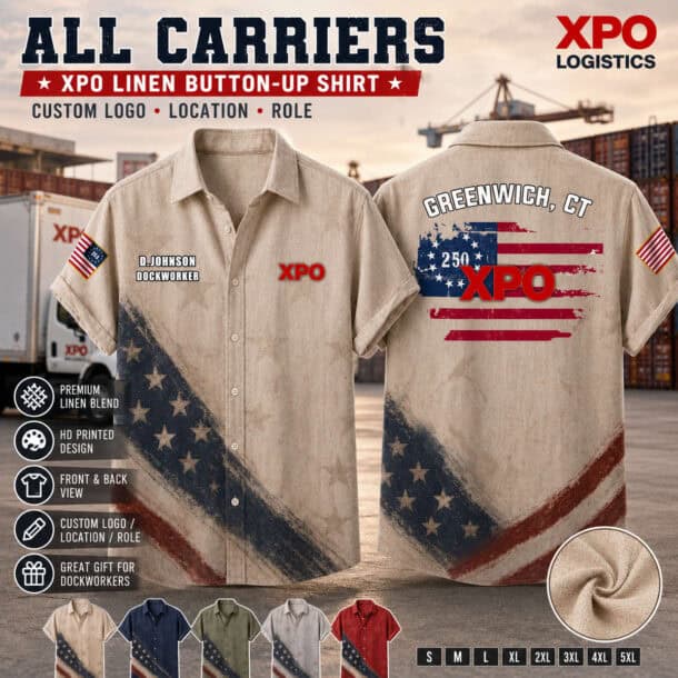 US carriers themed linen shirt with American flag design and custom embroidery.
