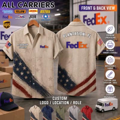 Linen button-up shirt with FedEx logo and American flag design for US carriers.
