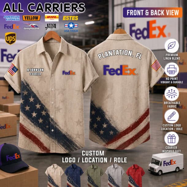 Linen button-up shirt with FedEx logo and American flag design for US carriers.