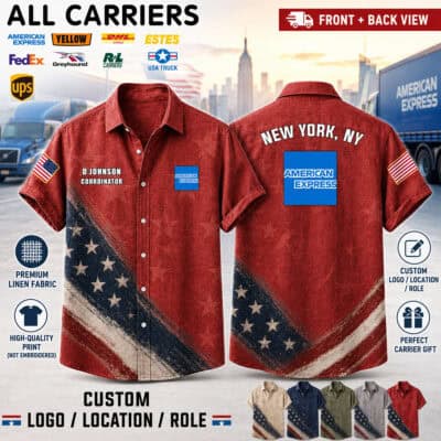 Red linen shirt with American flag design and American Express logo for US carriers.