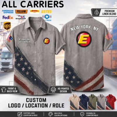 Linen button-up shirt with US carrier logos and American flag design.